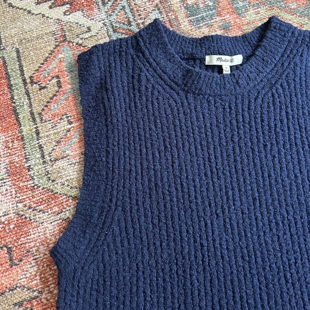madewell navy blue boucle knit sweater tank vest high neck